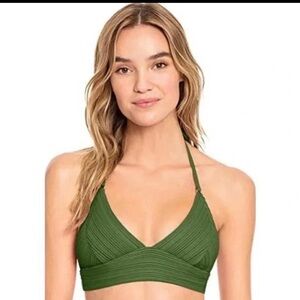 Robin Piccone Ribbed Bikini Set Green Halter Top High Waist Bottoms Sz S NWOT